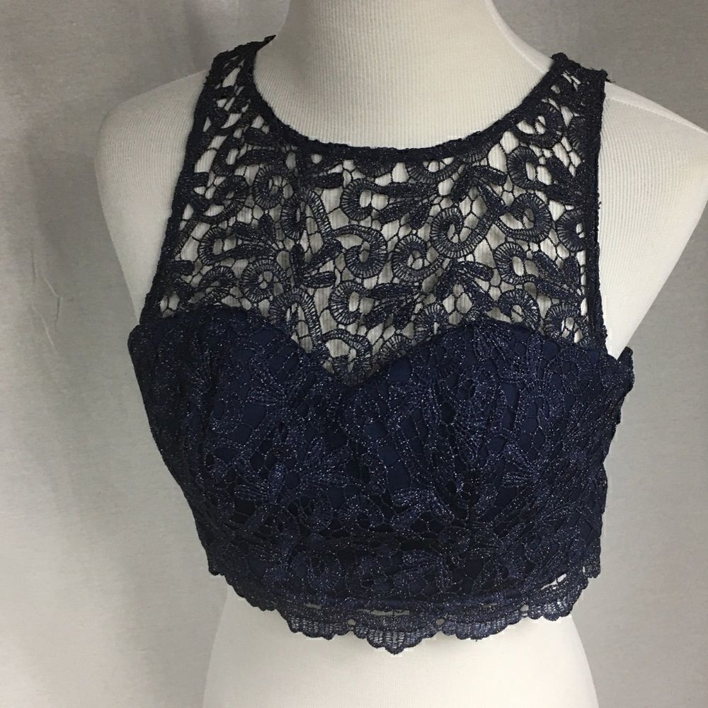 Size 3 navy blue crop top lace silver blend lightly padded and fitted zippered